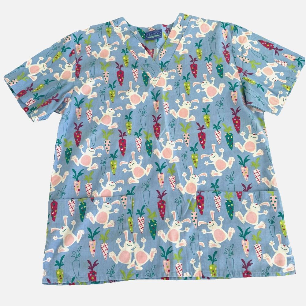 Scrub Top Women's M Easter Bunny Carrots Blue VNeck Uniform Medical RN LPN